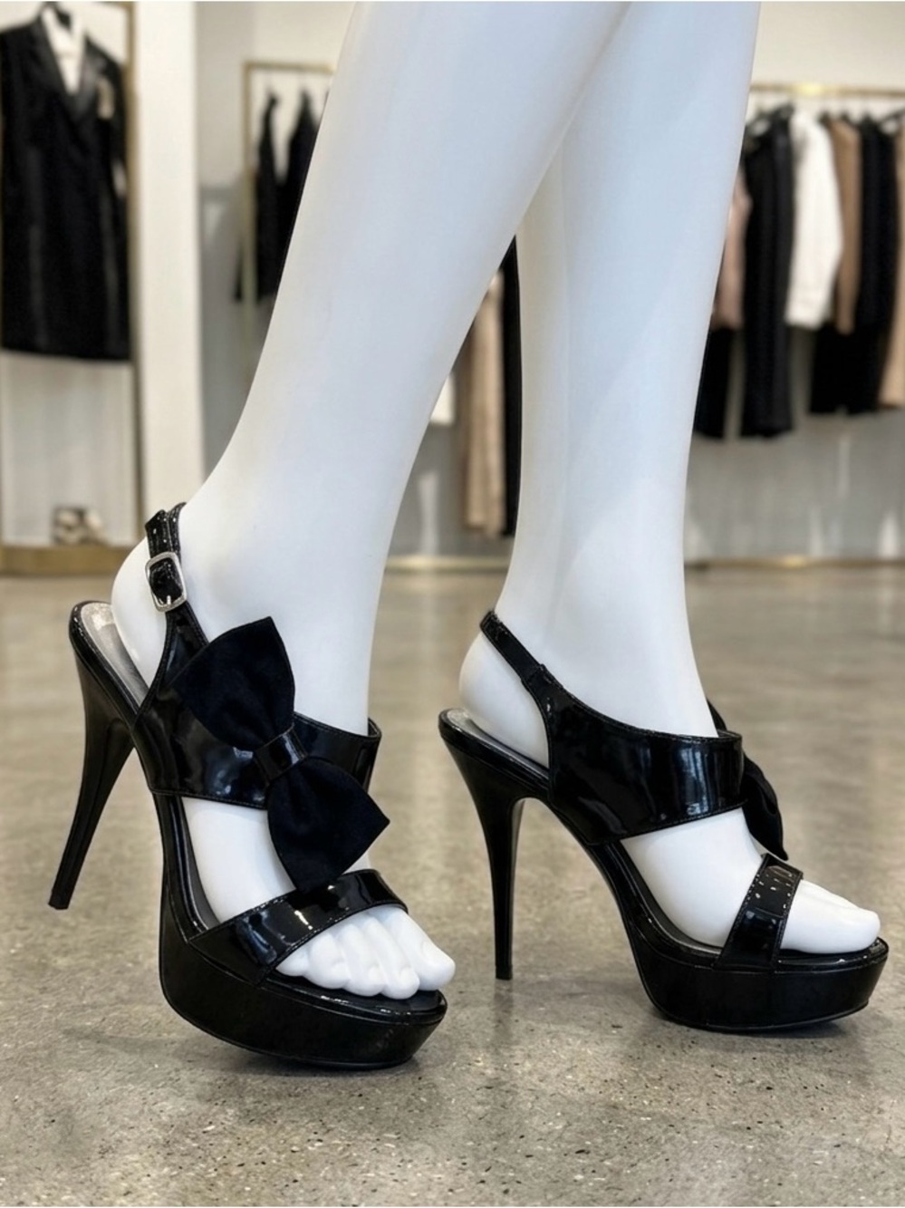 Women's Black Patent Bow Platform Heels